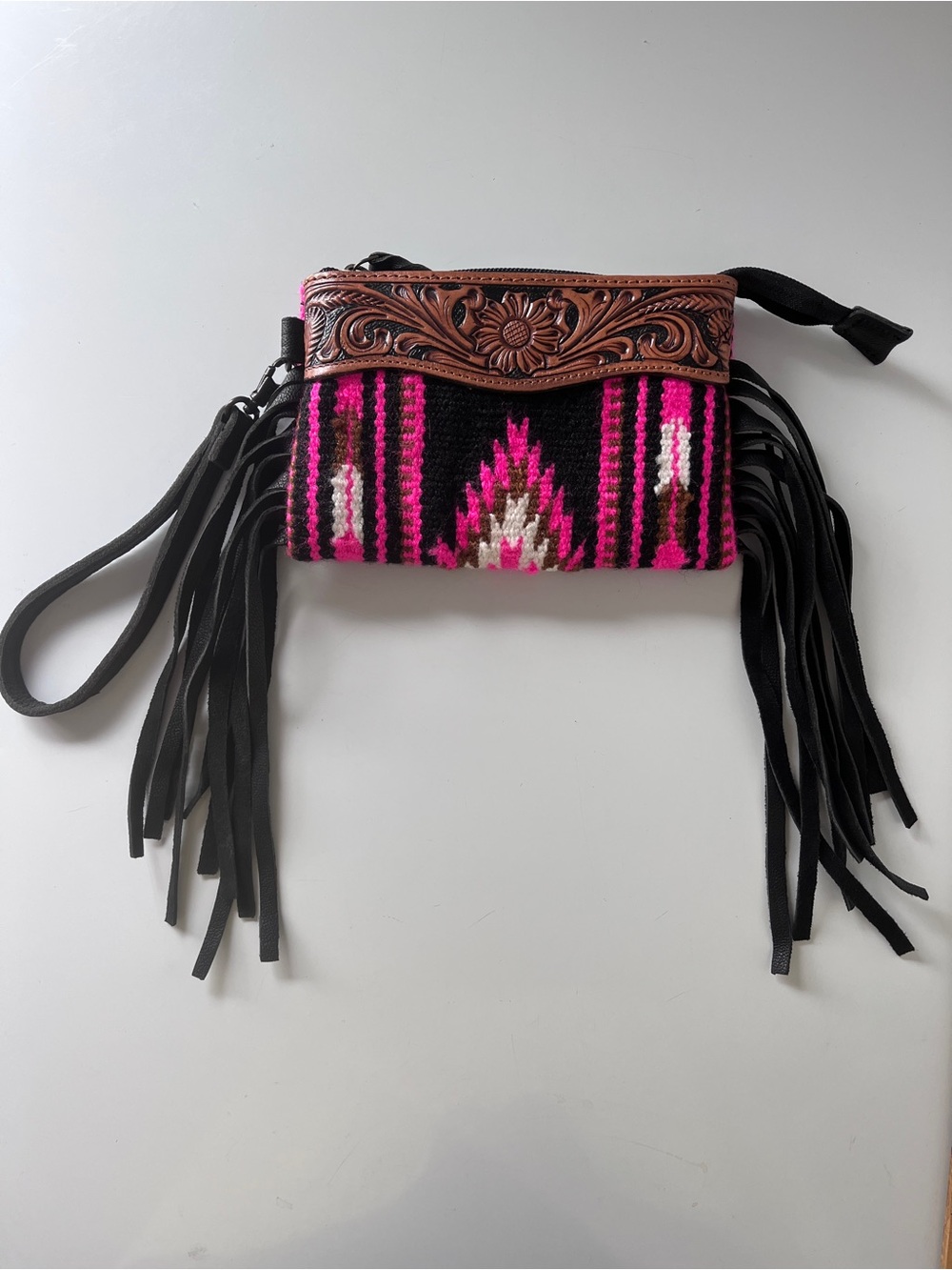 American Darling Tooled Leather Fringe Southwestern  Wristlet Clutch